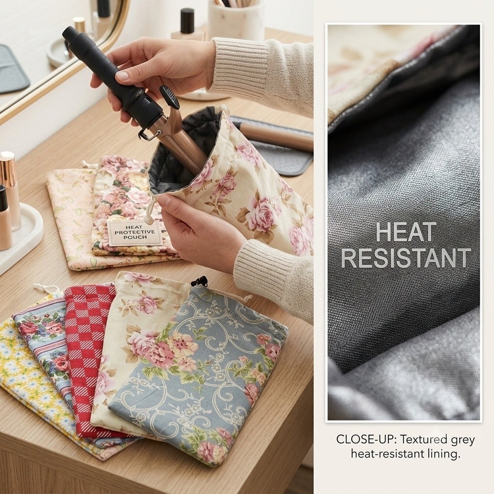 Heat‎ Resistant Curling Iron Travel Pouch Floral Hot Tool Bag Case handmade